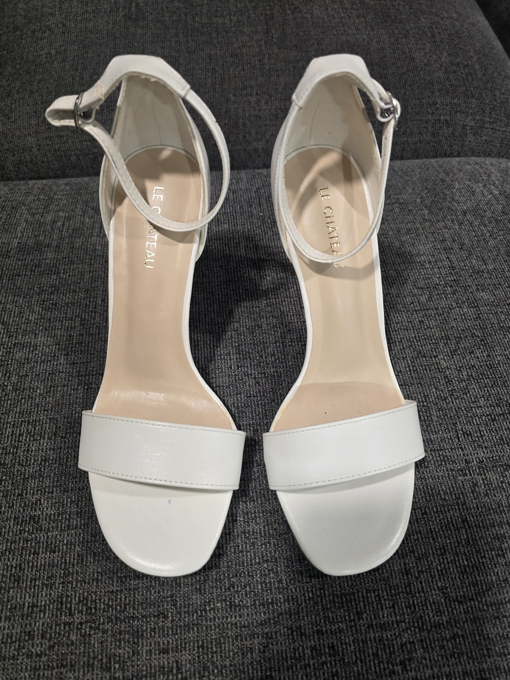 Le Chateau White Ankle-Strap Block Heel Sandals